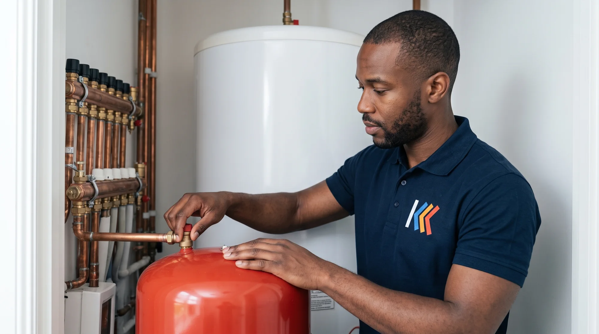 Keystone engineer checking the expansion vessel on an unvented hot water cylinder
