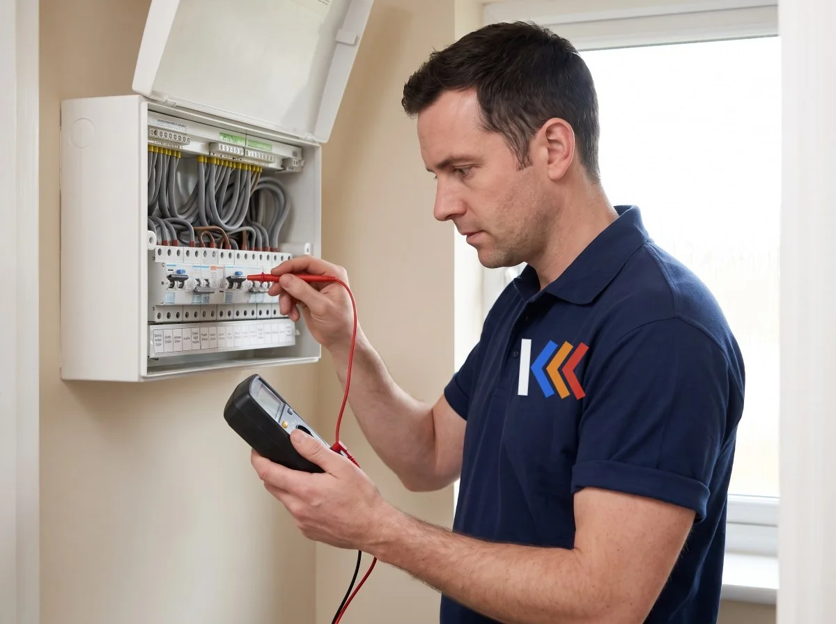 Keystone engineer testing a consumer unit with a multimeter